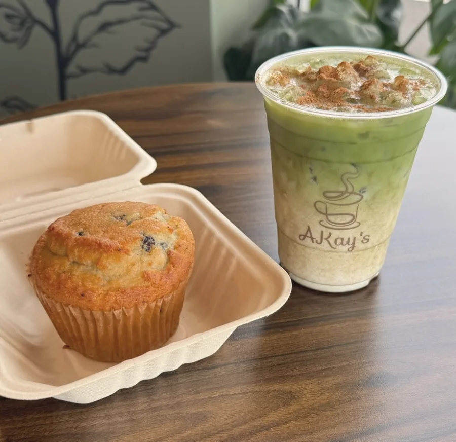 Matcha and fresh bakery treat at AKay's Coffee